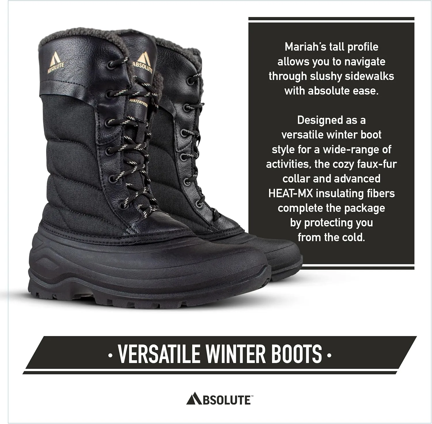 Absolute Mariah 2 Tall Snow Winter Boots for Women, Warm, Insulated, Faux Fur Collar, Fleece Lined