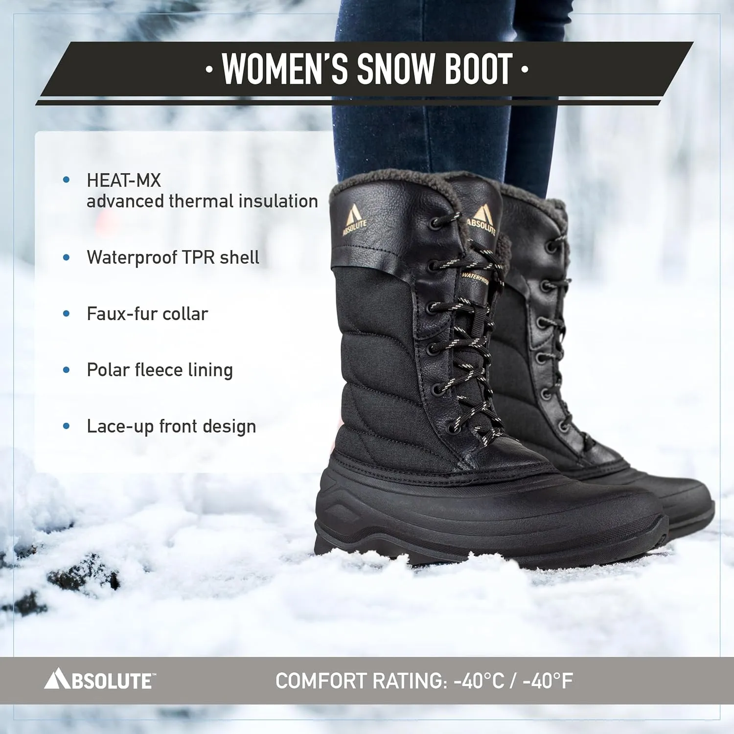Absolute Mariah 2 Tall Snow Winter Boots for Women, Warm, Insulated, Faux Fur Collar, Fleece Lined