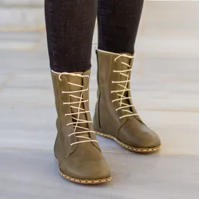 Barefoot Leather Lace-up Olive Green Boots for Women