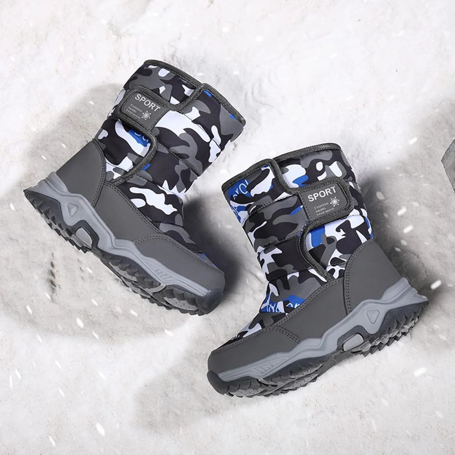 Big Kid Snow Boots Winter Camouflage Boy Shoes Wterproof Hook And Loop Mid Calf Faux Fur Liing Winter Shoes