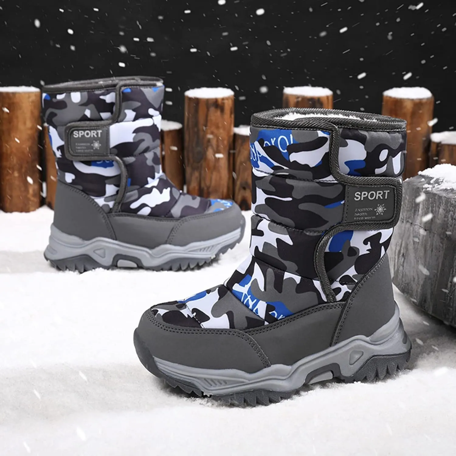 Big Kid Snow Boots Winter Camouflage Boy Shoes Wterproof Hook And Loop Mid Calf Faux Fur Liing Winter Shoes