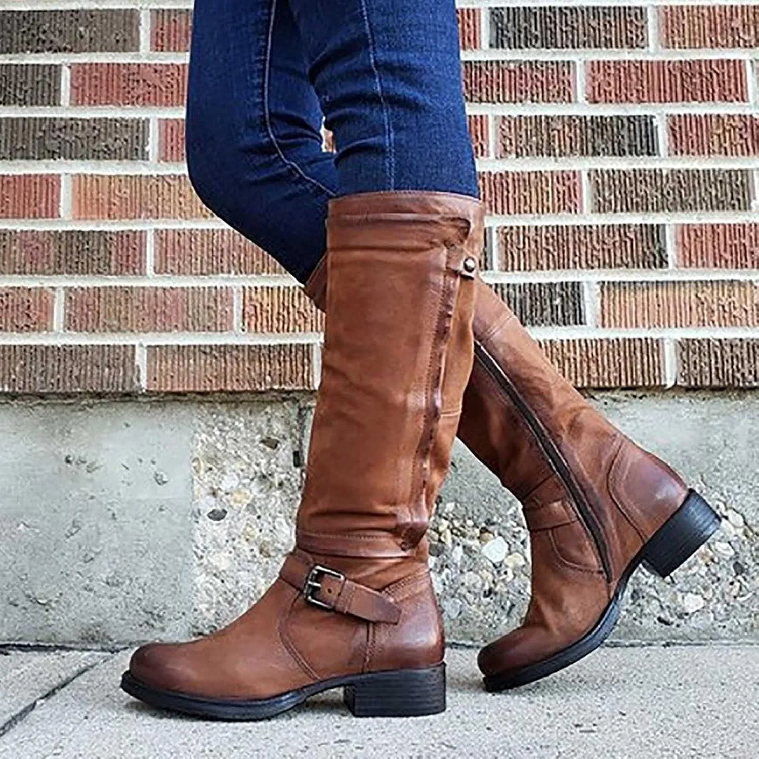 Ctreela Slouch Riding Boots Vintage Side Zipper Motorcycle Boots Winter Retro Round Toe Combat Boots Knee High Work Booties