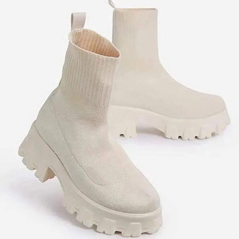 Elegant Women’s Elastic Platform Boots – Stylish Slip-On Ankle Heeled Shoes