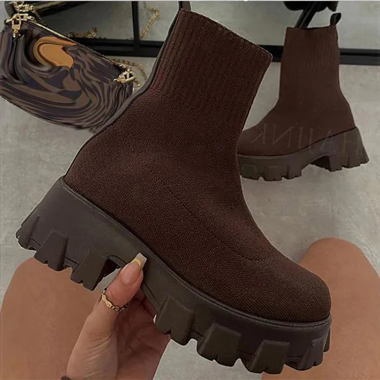 Elegant Women’s Elastic Platform Boots – Stylish Slip-On Ankle Heeled Shoes