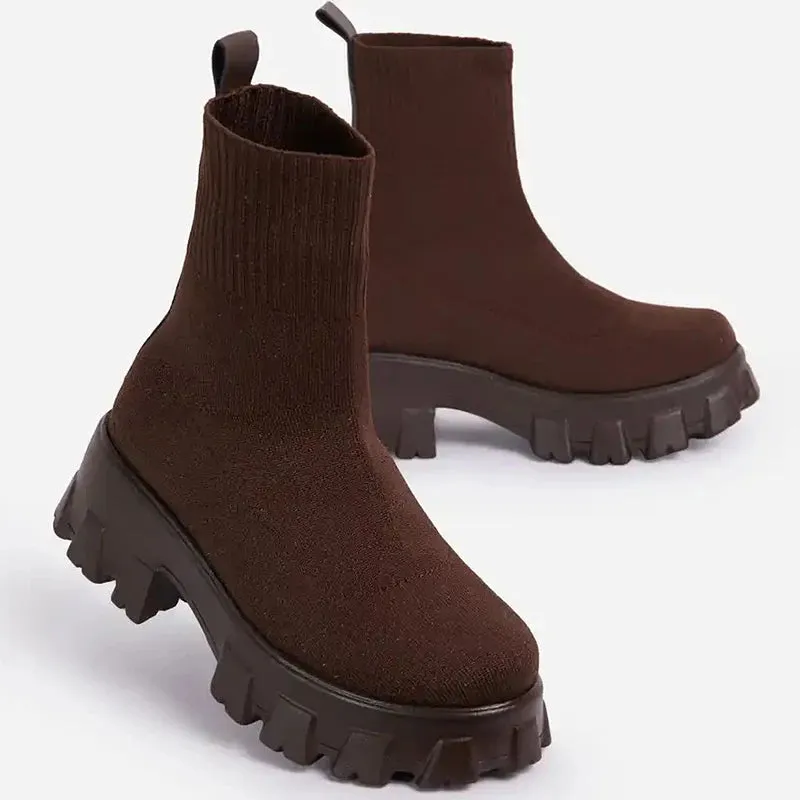 Elegant Women’s Elastic Platform Boots – Stylish Slip-On Ankle Heeled Shoes