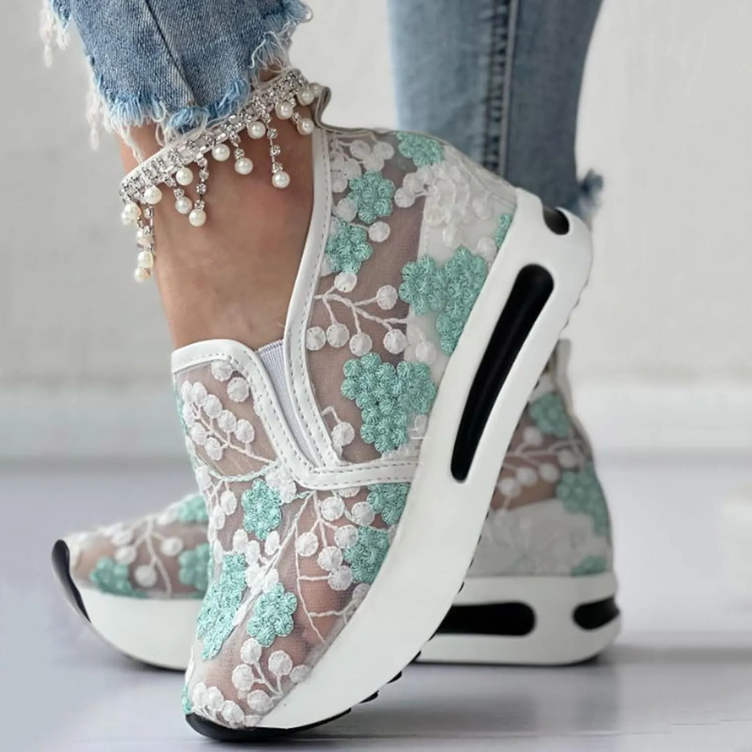 Fashion Sneakers for Women 2025, Floral Embroidery Breathable Sheer Mesh Lace Sneakers Slip on Sneakers Platform Wedge Sneakers Dressy Casual Walking Shoes (a-Green, 8)
