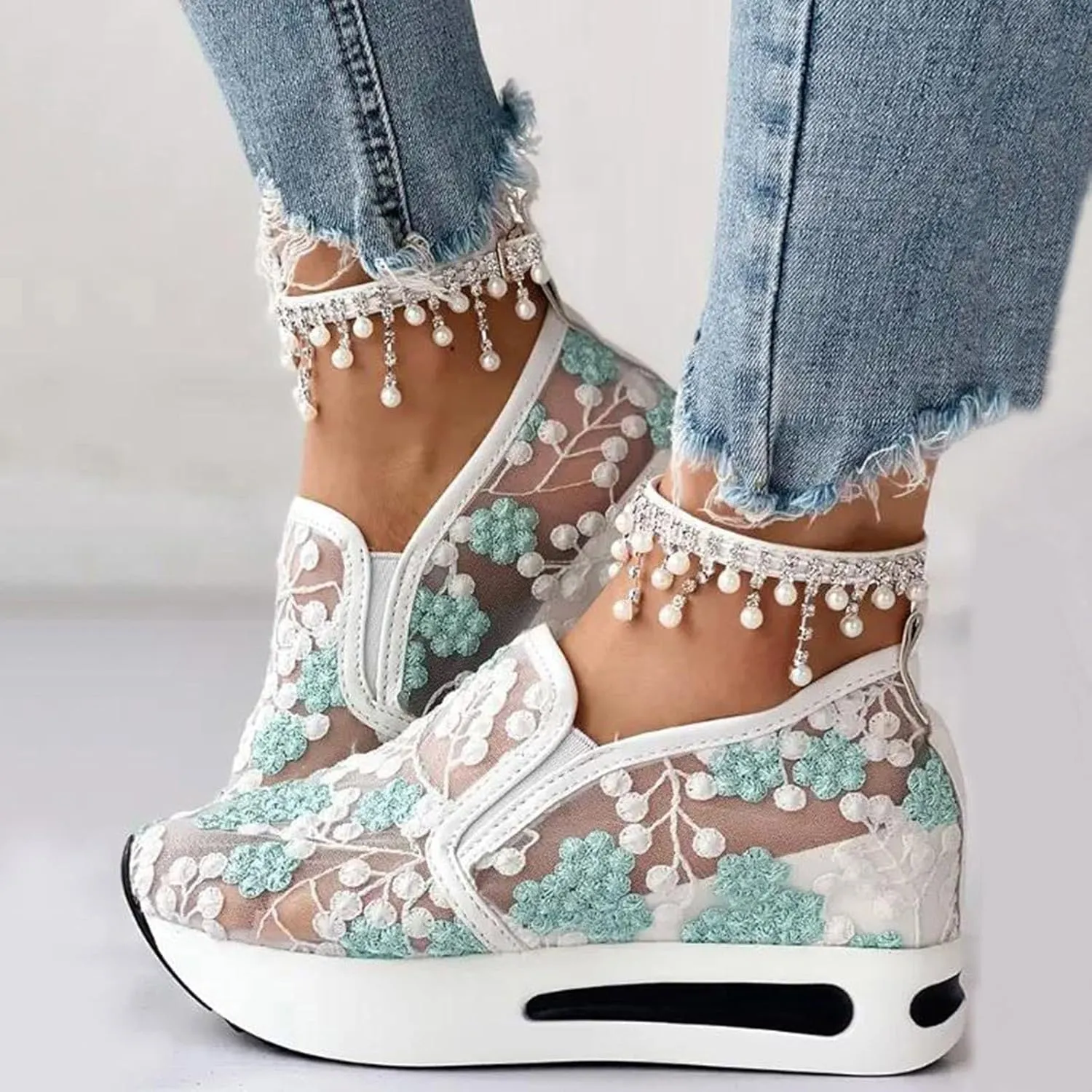 Fashion Sneakers for Women 2025, Floral Embroidery Breathable Sheer Mesh Lace Sneakers Slip on Sneakers Platform Wedge Sneakers Dressy Casual Walking Shoes (a-Green, 8)