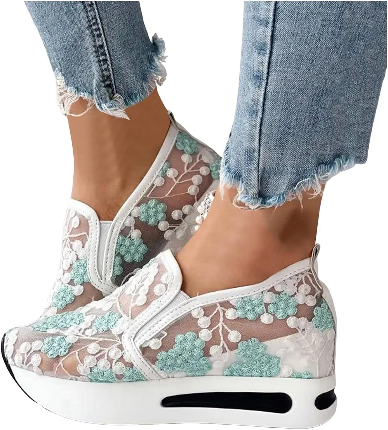 Fashion Sneakers for Women 2025, Floral Embroidery Breathable Sheer Mesh Lace Sneakers Slip on Sneakers Platform Wedge Sneakers Dressy Casual Walking Shoes (a-Green, 8)