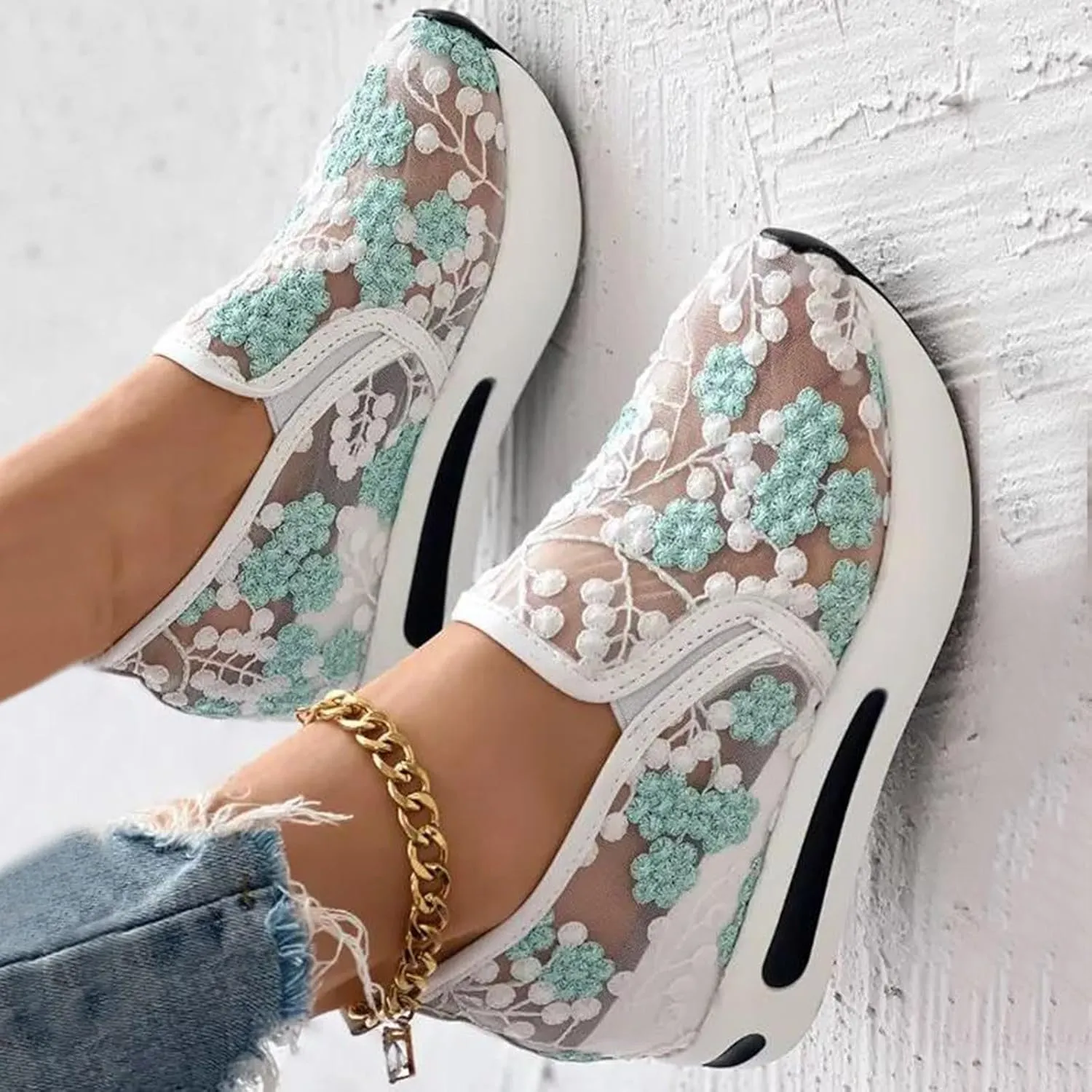 Fashion Sneakers for Women 2025, Floral Embroidery Breathable Sheer Mesh Lace Sneakers Slip on Sneakers Platform Wedge Sneakers Dressy Casual Walking Shoes (a-Green, 8)