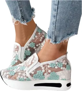 Fashion Sneakers for Women 2025, Floral Embroidery Breathable Sheer Mesh Lace Sneakers Slip on Sneakers Platform Wedge Sneakers Dressy Casual Walking Shoes (a-Green, 8)