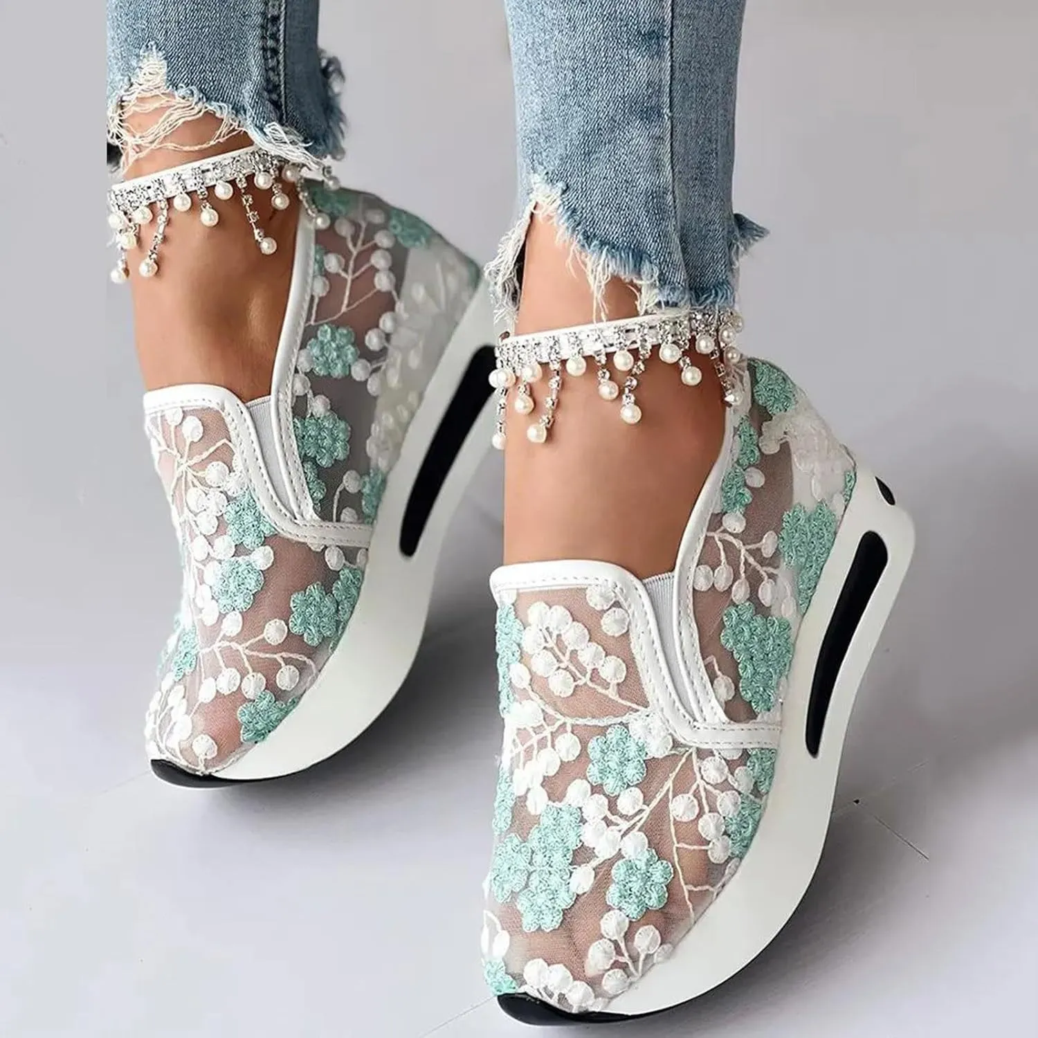 Fashion Sneakers for Women 2025, Floral Embroidery Breathable Sheer Mesh Lace Sneakers Slip on Sneakers Platform Wedge Sneakers Dressy Casual Walking Shoes (a-Green, 8)