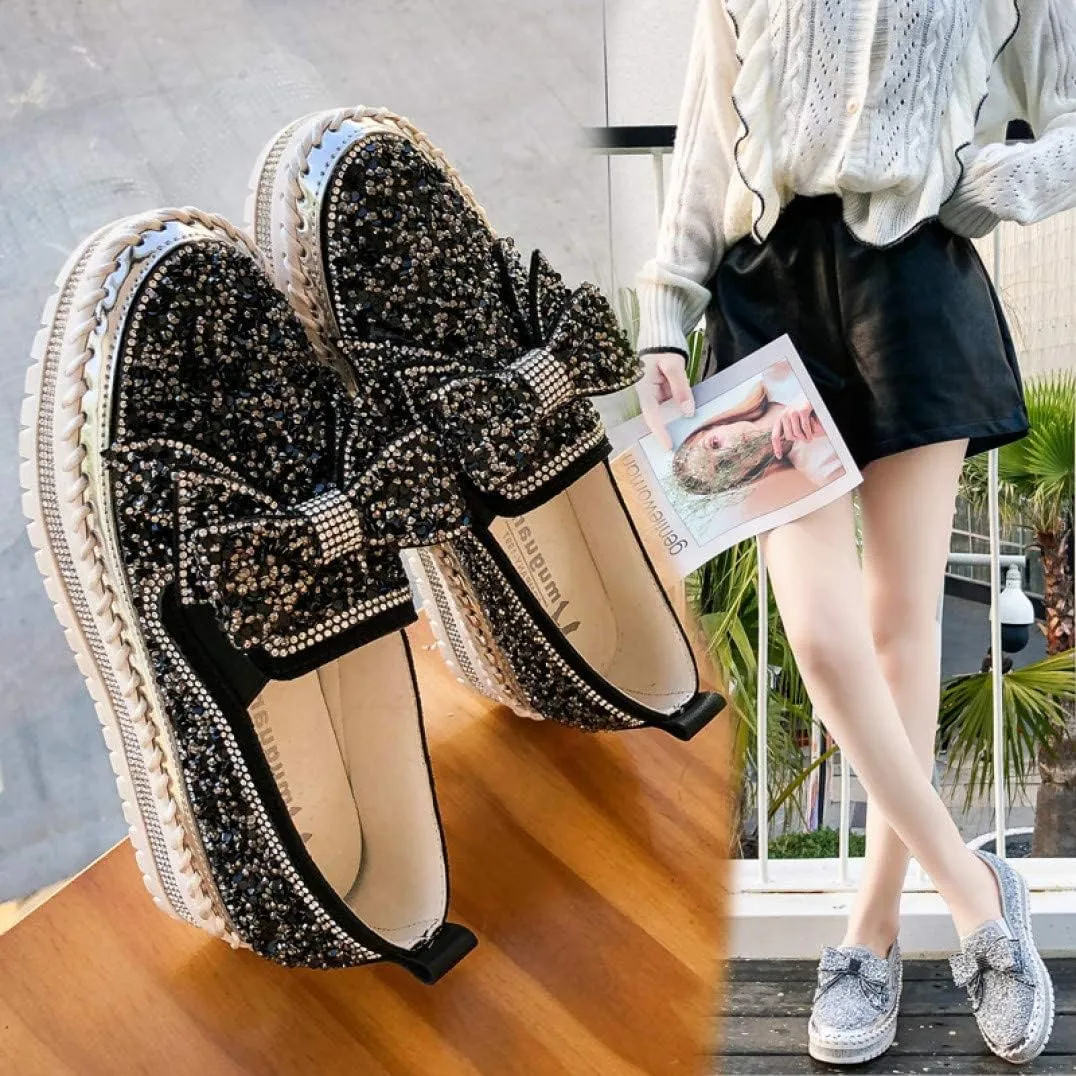 HINDOLA Women's Platform Rhinestones Glitter Sneaker Cute Bow Slip On Comfort Sequin Shiny Flat Loafers Casual Walking Shoes