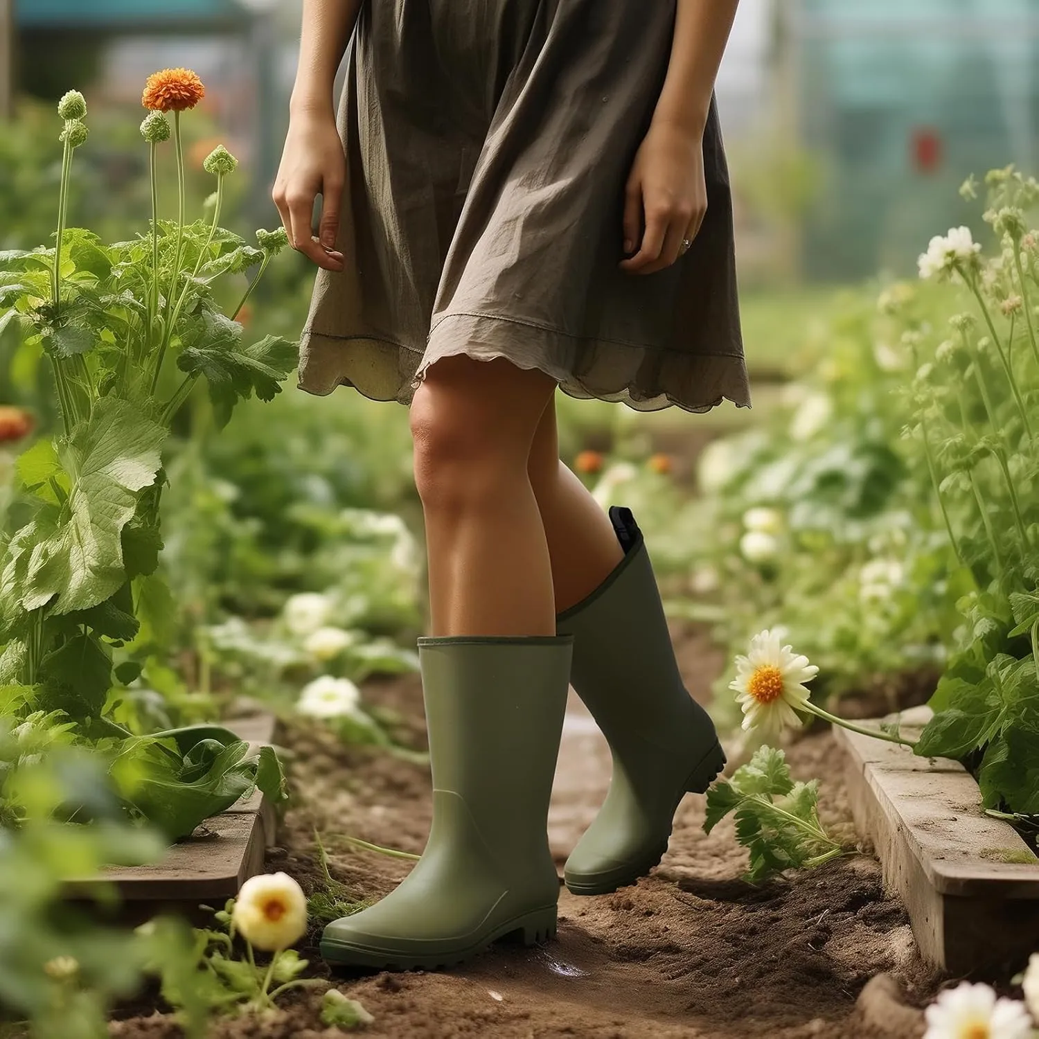 HISEA Women Rubber Boots Wide Calf Rain Boots Matte Surface Waterproof PVC Rubber Rain Boot Mid Height Rain Shoes for Outdoor Gardening Work Walking