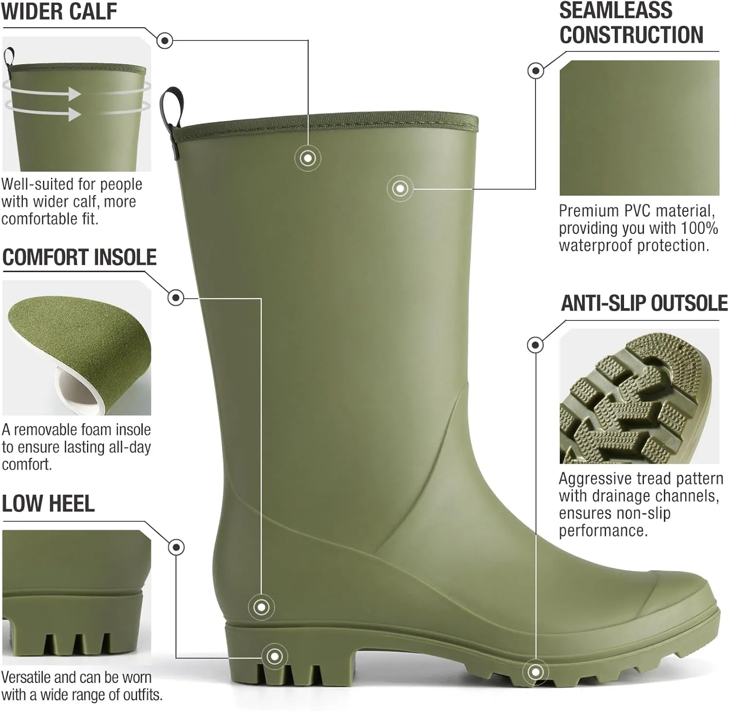 HISEA Women Rubber Boots Wide Calf Rain Boots Matte Surface Waterproof PVC Rubber Rain Boot Mid Height Rain Shoes for Outdoor Gardening Work Walking