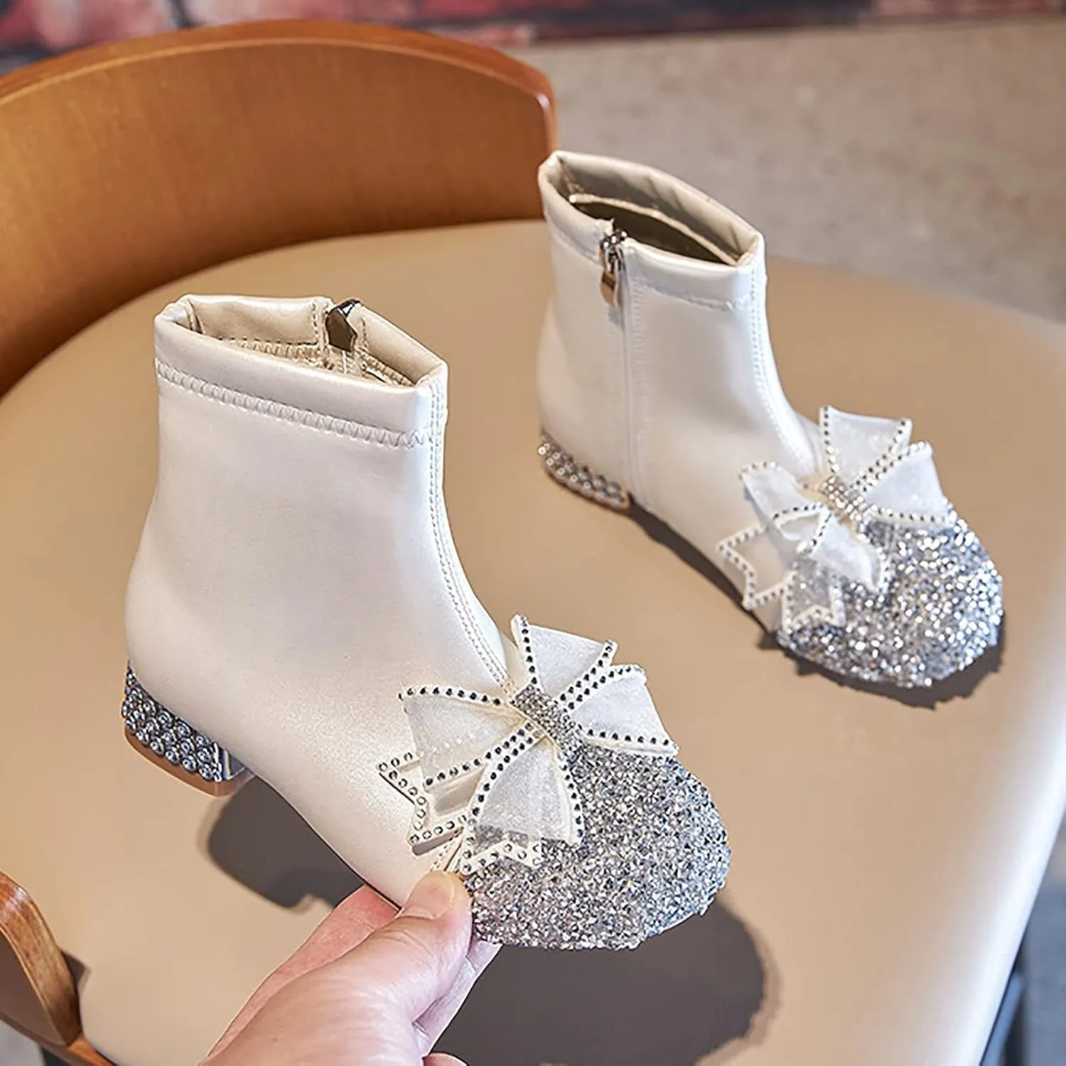 Kids Bowknot Sequin Sparkly Ankle Boots for Girls Low Heel Dress Booties 2024 Fashion Side Zipper Glitter Big Girl Shoe
