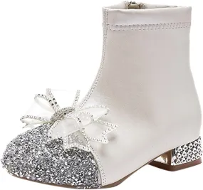 Kids Bowknot Sequin Sparkly Ankle Boots for Girls Low Heel Dress Booties 2024 Fashion Side Zipper Glitter Big Girl Shoe