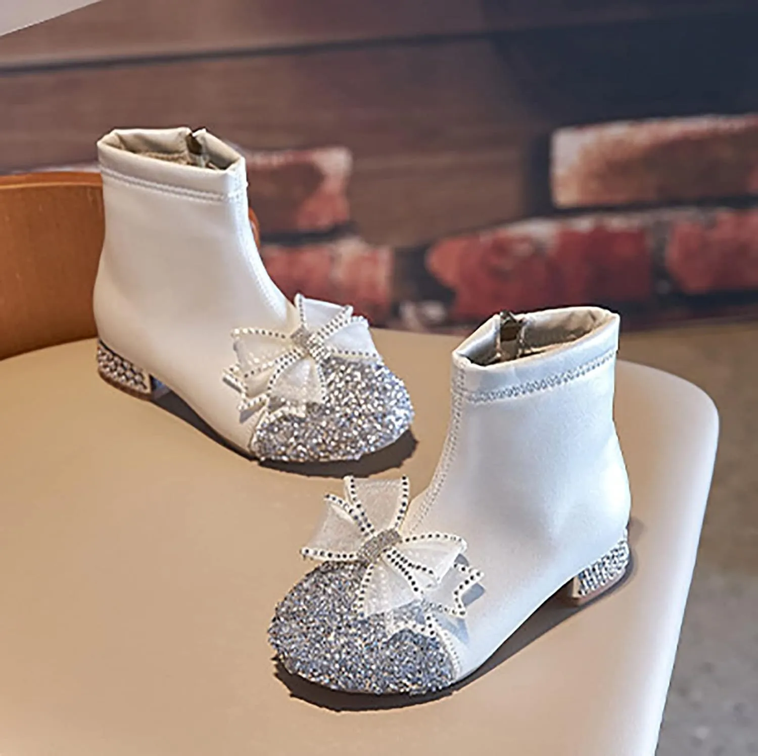 Kids Bowknot Sequin Sparkly Ankle Boots for Girls Low Heel Dress Booties 2024 Fashion Side Zipper Glitter Big Girl Shoe