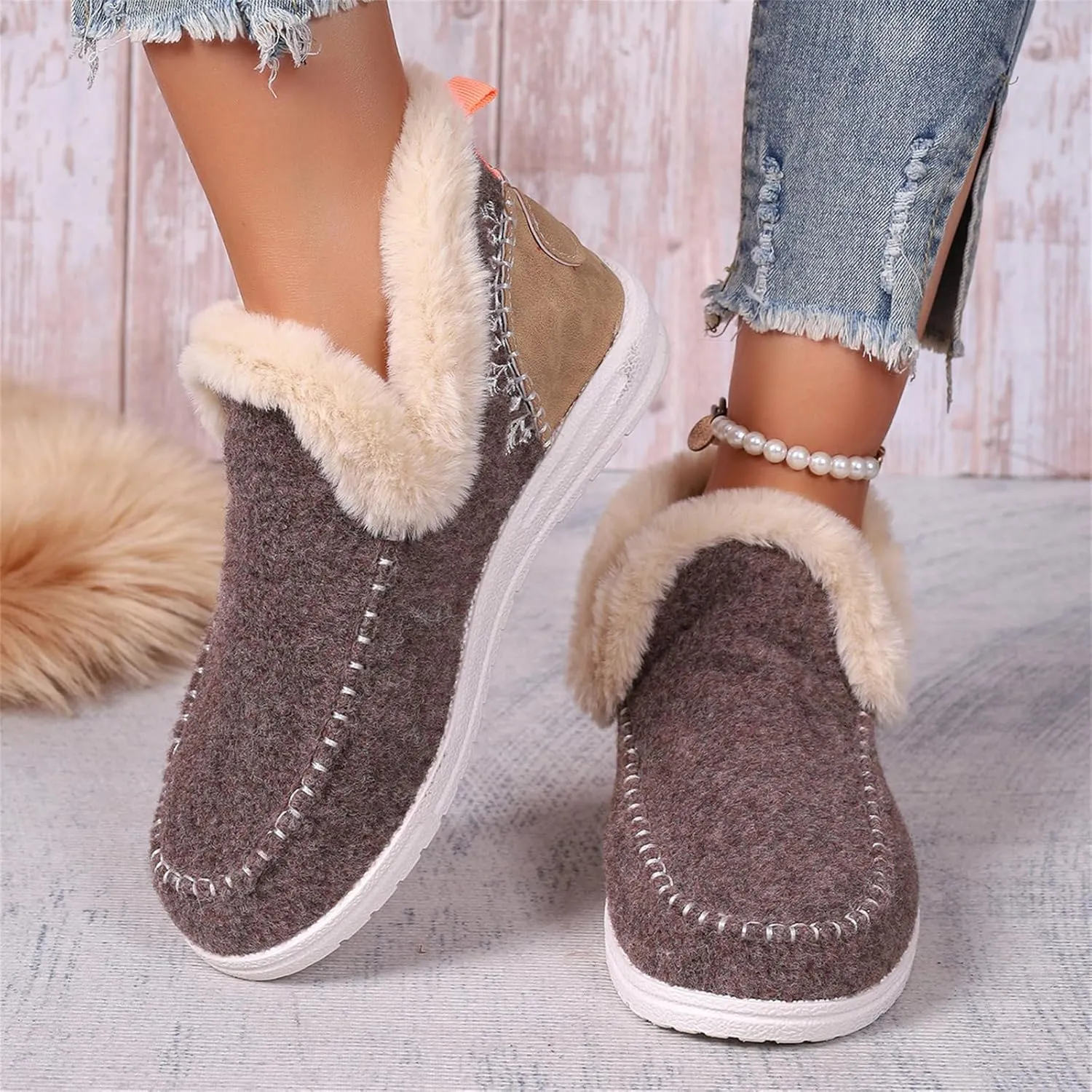 Lausiuoe Boots For Women Ankle Booties With Fur Lined Warm Snow Winter Fuzzy Booties Silp On Comfortable Casual Loafers Shoes