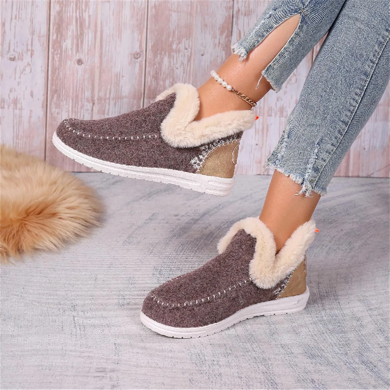 Lausiuoe Boots For Women Ankle Booties With Fur Lined Warm Snow Winter Fuzzy Booties Silp On Comfortable Casual Loafers Shoes