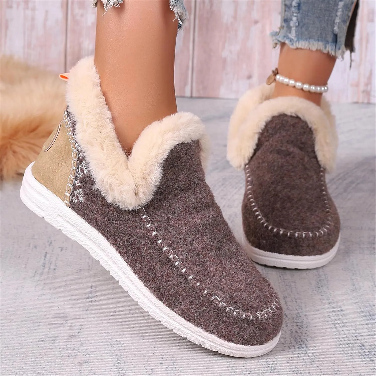 Lausiuoe Boots For Women Ankle Booties With Fur Lined Warm Snow Winter Fuzzy Booties Silp On Comfortable Casual Loafers Shoes