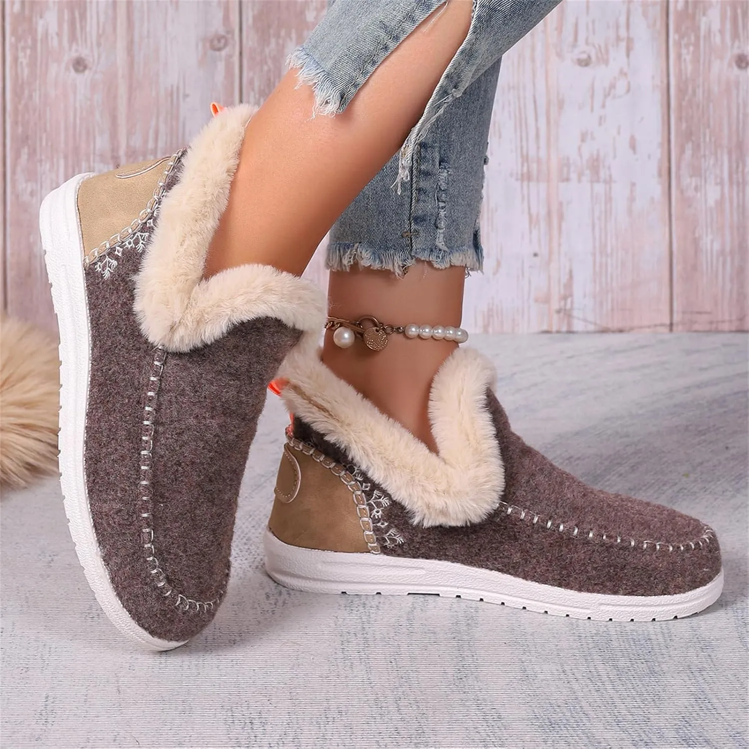 Lausiuoe Boots For Women Ankle Booties With Fur Lined Warm Snow Winter Fuzzy Booties Silp On Comfortable Casual Loafers Shoes