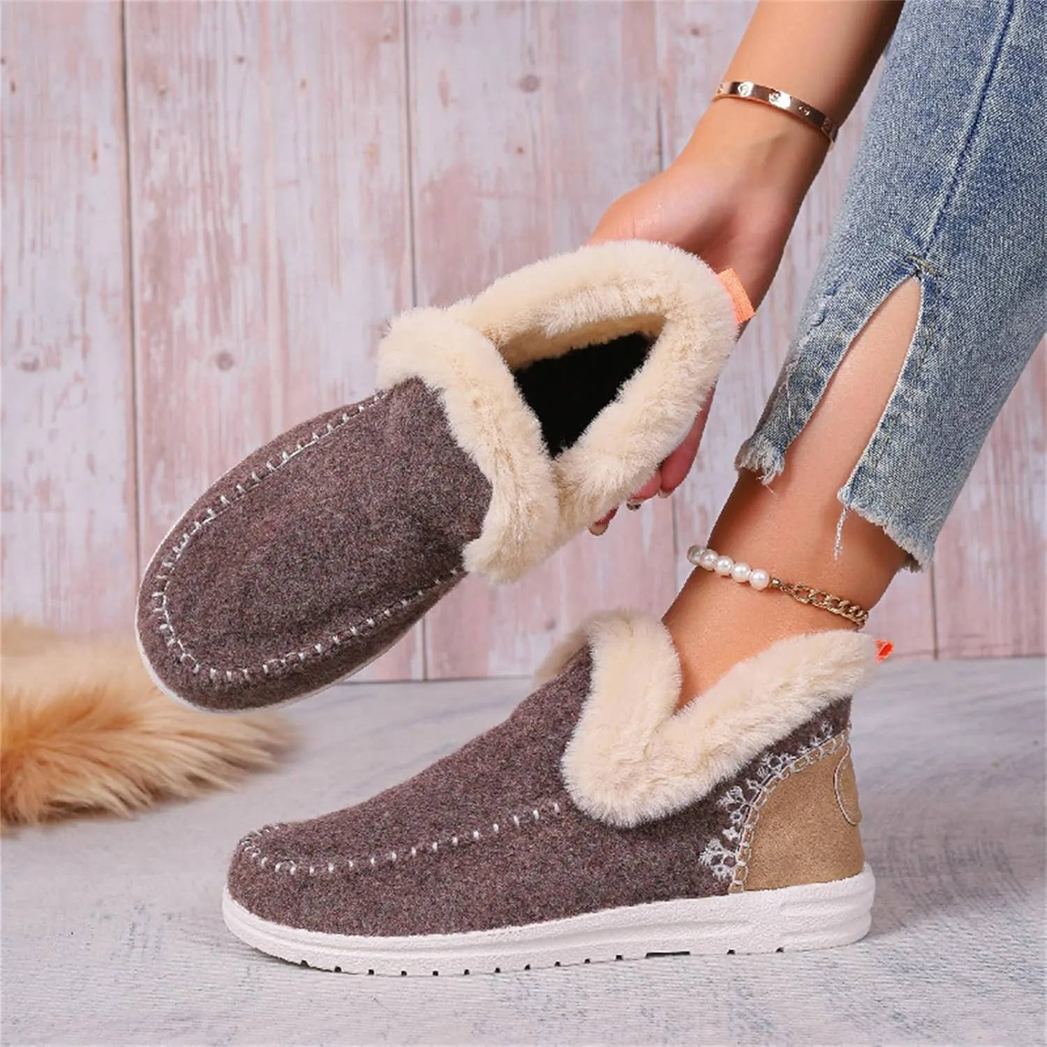 Lausiuoe Boots For Women Ankle Booties With Fur Lined Warm Snow Winter Fuzzy Booties Silp On Comfortable Casual Loafers Shoes