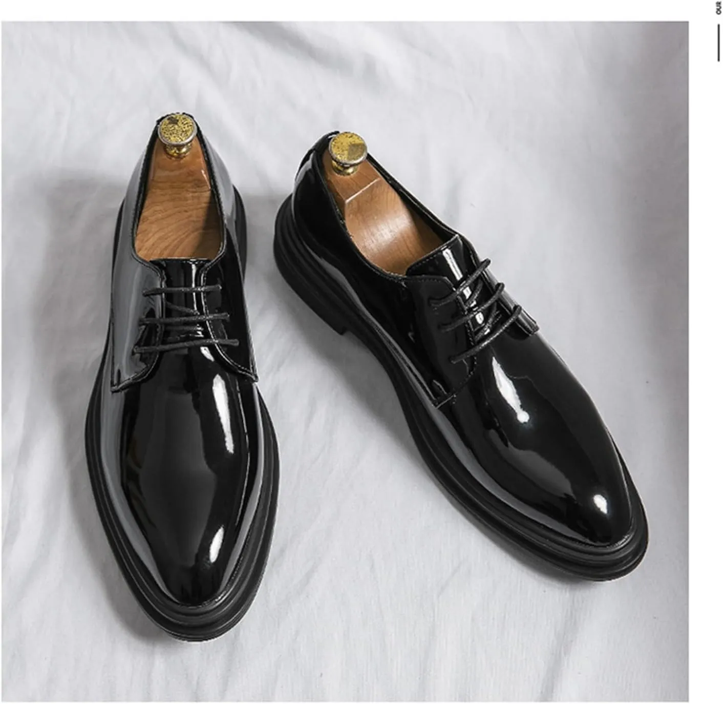 Men's Oxfords Casual Dress Shoes Shiny Flat Patent Leather Lace Up Shoes for Men Business Work Shoes