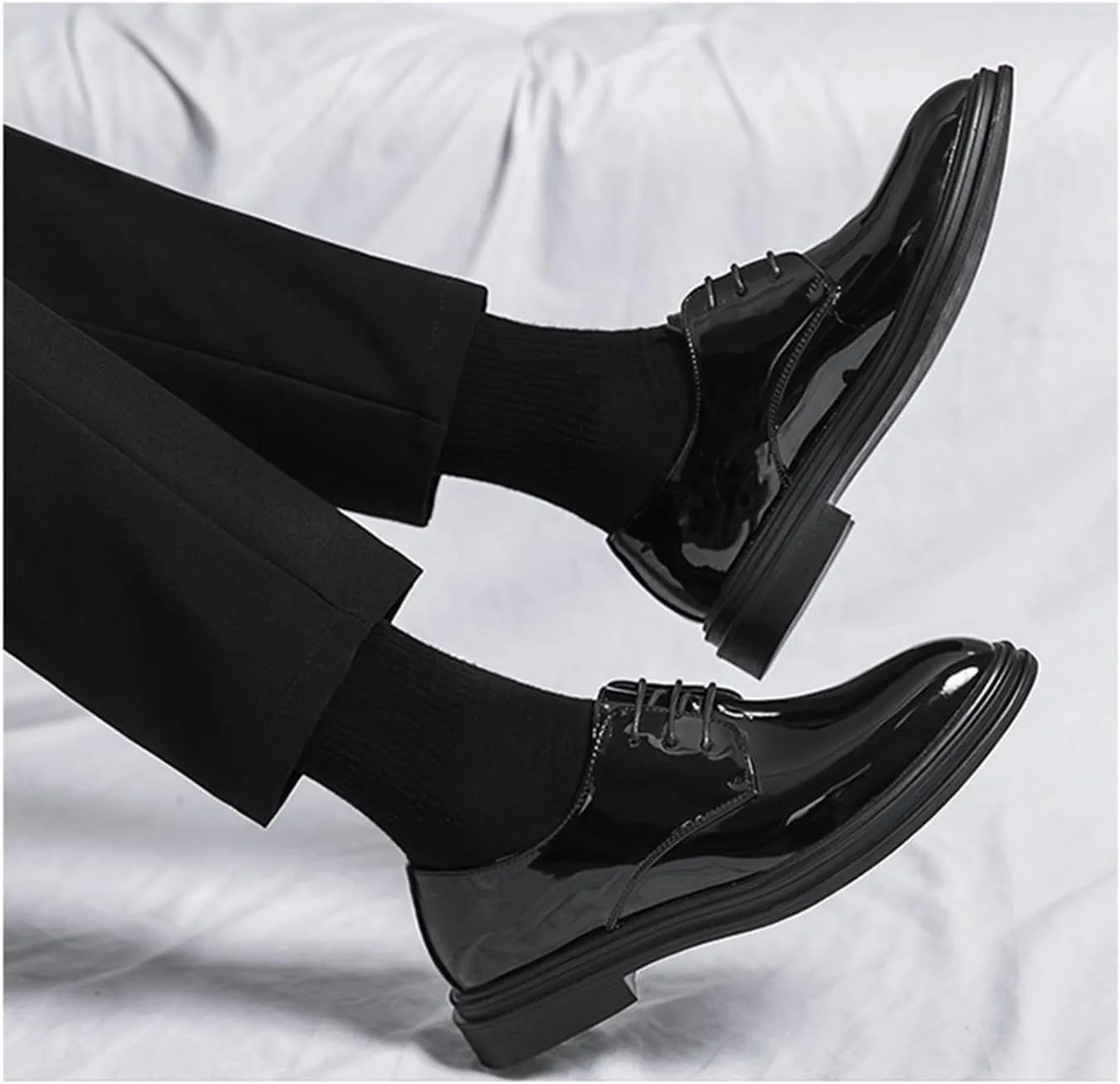 Men's Oxfords Casual Dress Shoes Shiny Flat Patent Leather Lace Up Shoes for Men Business Work Shoes