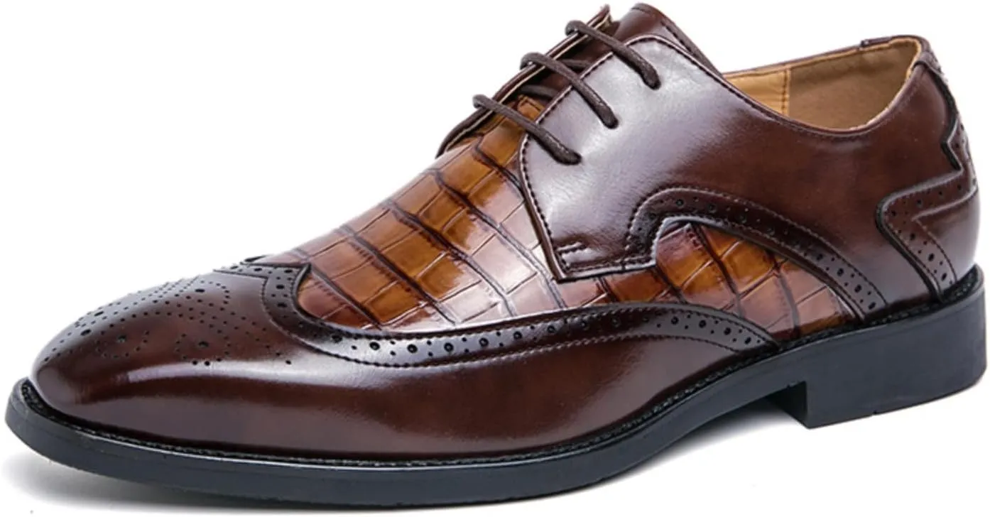 Mens Retro Stone Grain Patent Leather Lace Up Brogue Dress Oxfords Shoes Low Top Chunky Heels Non-Slip Casual Wingtip Derby Shoes for Business Casual Dress Prom Party