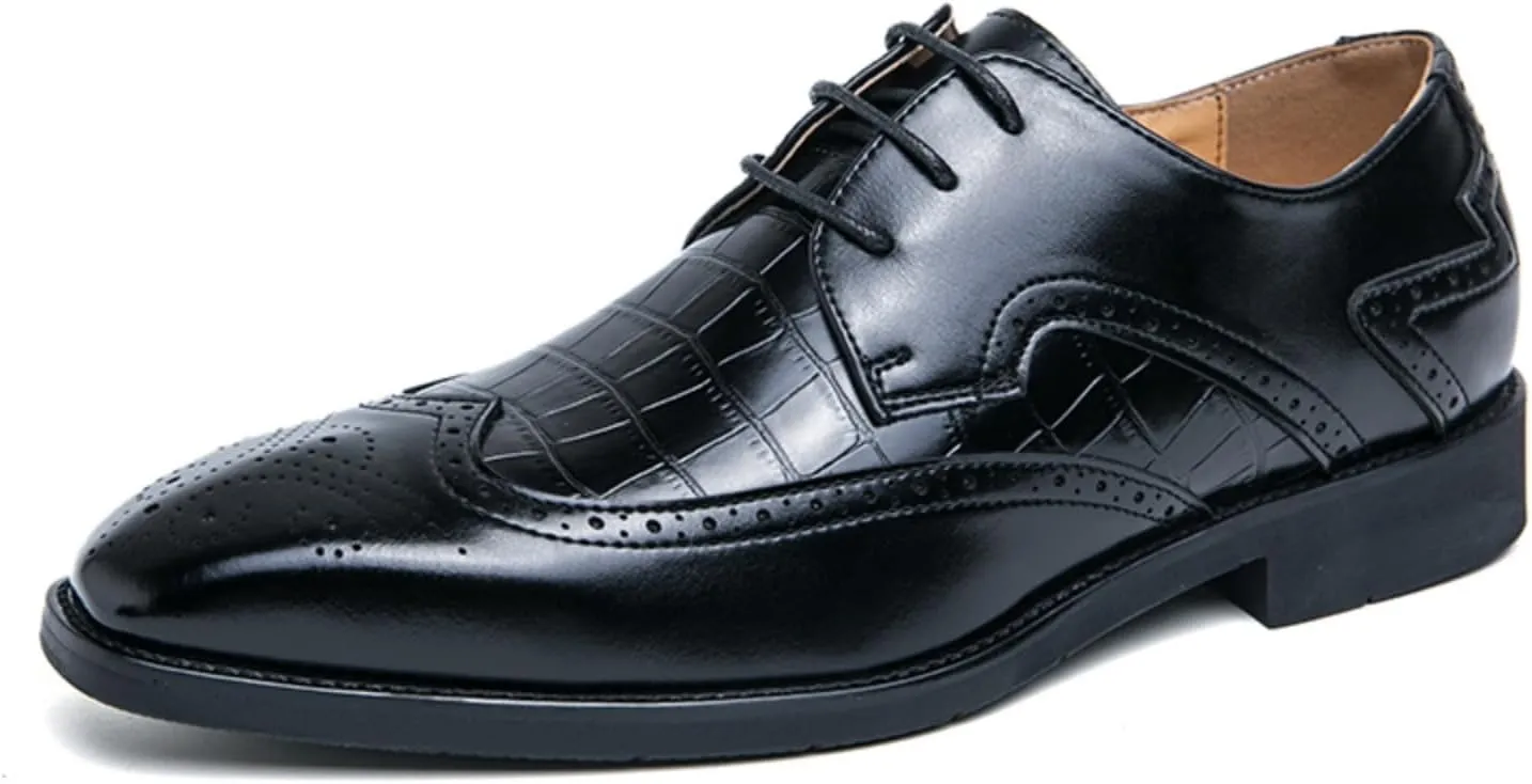 Mens Retro Stone Grain Patent Leather Lace Up Brogue Dress Oxfords Shoes Low Top Chunky Heels Non-Slip Casual Wingtip Derby Shoes for Business Casual Dress Prom Party