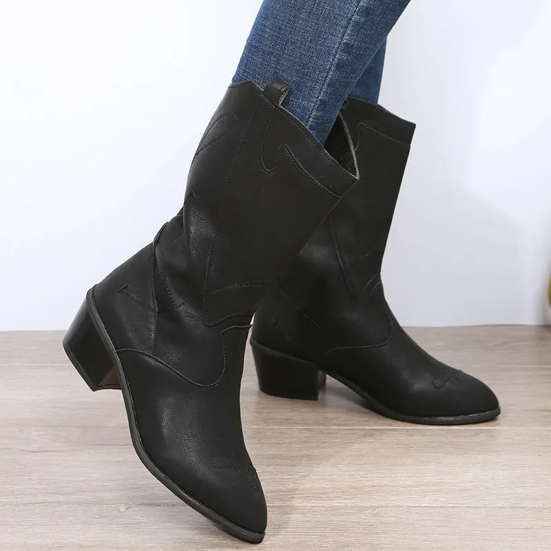 New in autumn and winter with oversized pointed toes hand-embroidered soft leather mid-tube knight boots