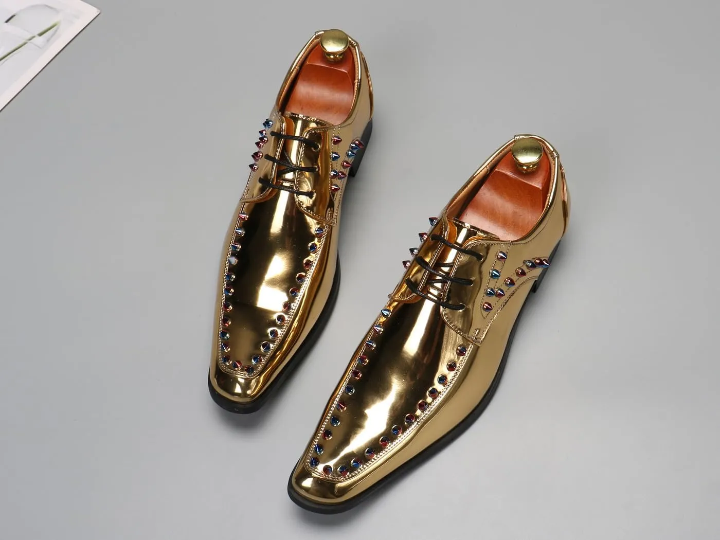 Santimon Men's Gold Patent Leather Oxfords Metallic Spikes Studded Dress Shoes for Wedding