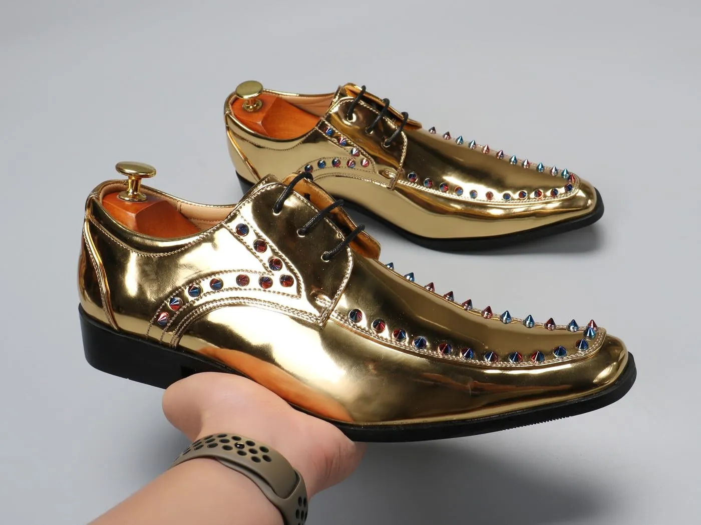 Santimon Men's Gold Patent Leather Oxfords Metallic Spikes Studded Dress Shoes for Wedding