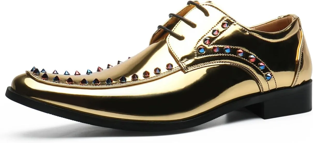 Santimon Men's Gold Patent Leather Oxfords Metallic Spikes Studded Dress Shoes for Wedding
