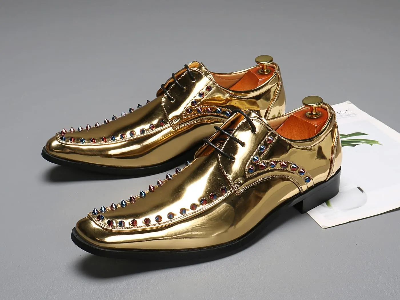 Santimon Men's Gold Patent Leather Oxfords Metallic Spikes Studded Dress Shoes for Wedding