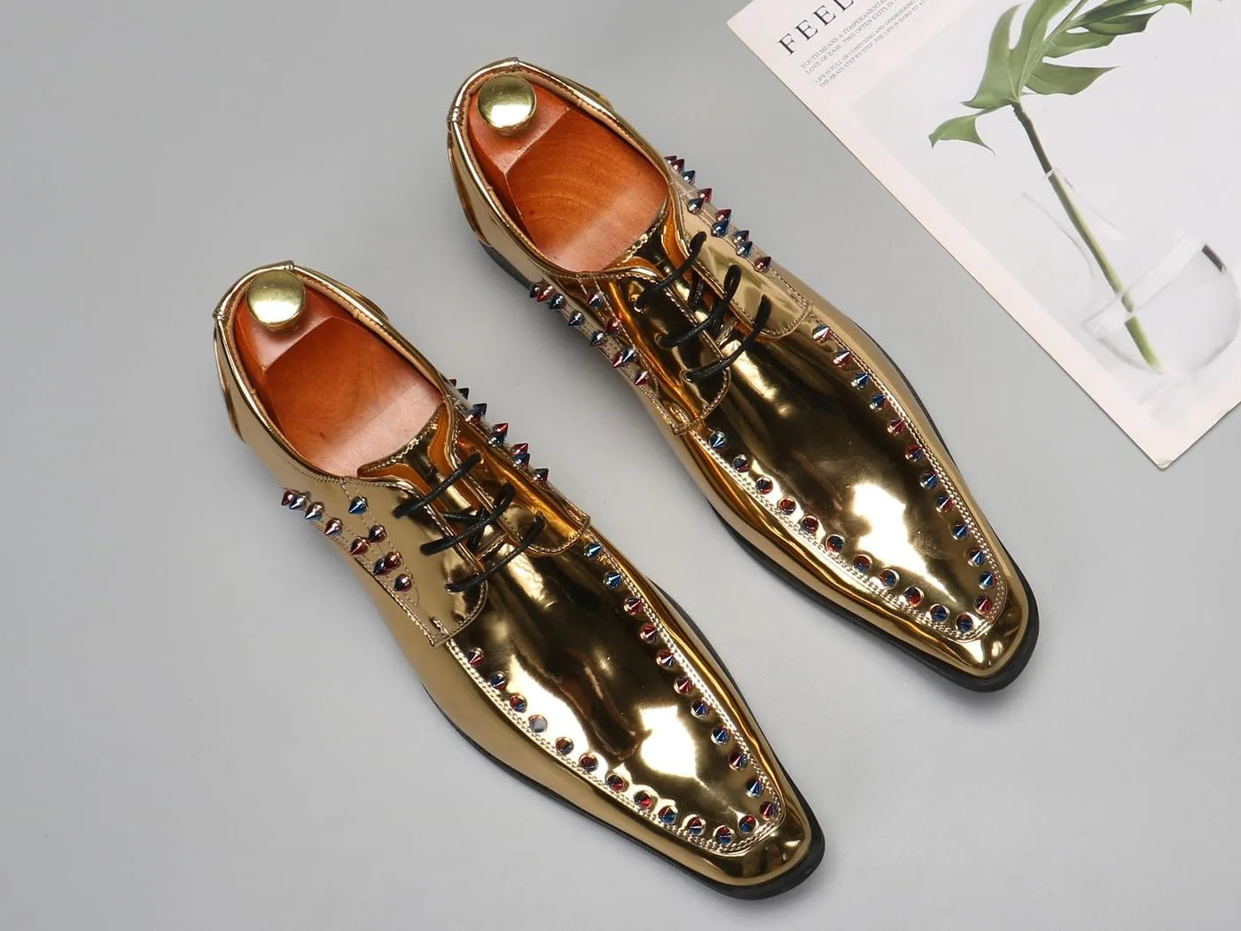 Santimon Men's Gold Patent Leather Oxfords Metallic Spikes Studded Dress Shoes for Wedding