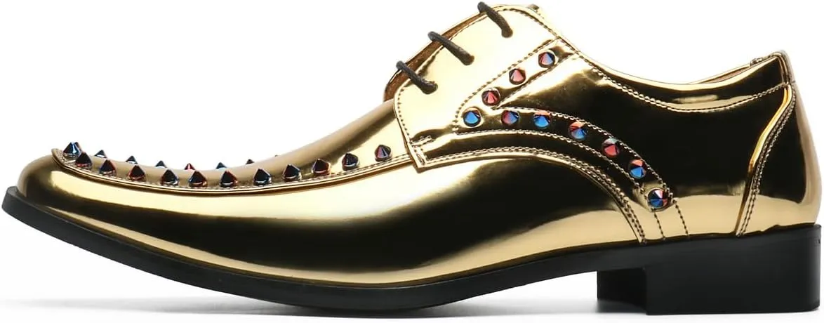 Santimon Men's Gold Patent Leather Oxfords Metallic Spikes Studded Dress Shoes for Wedding