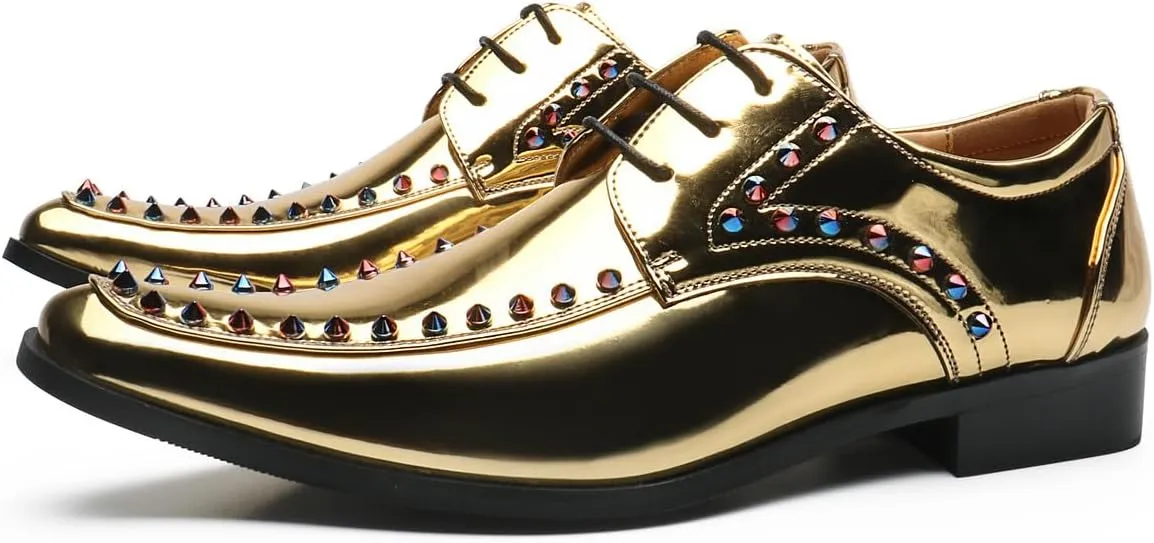 Santimon Men's Gold Patent Leather Oxfords Metallic Spikes Studded Dress Shoes for Wedding