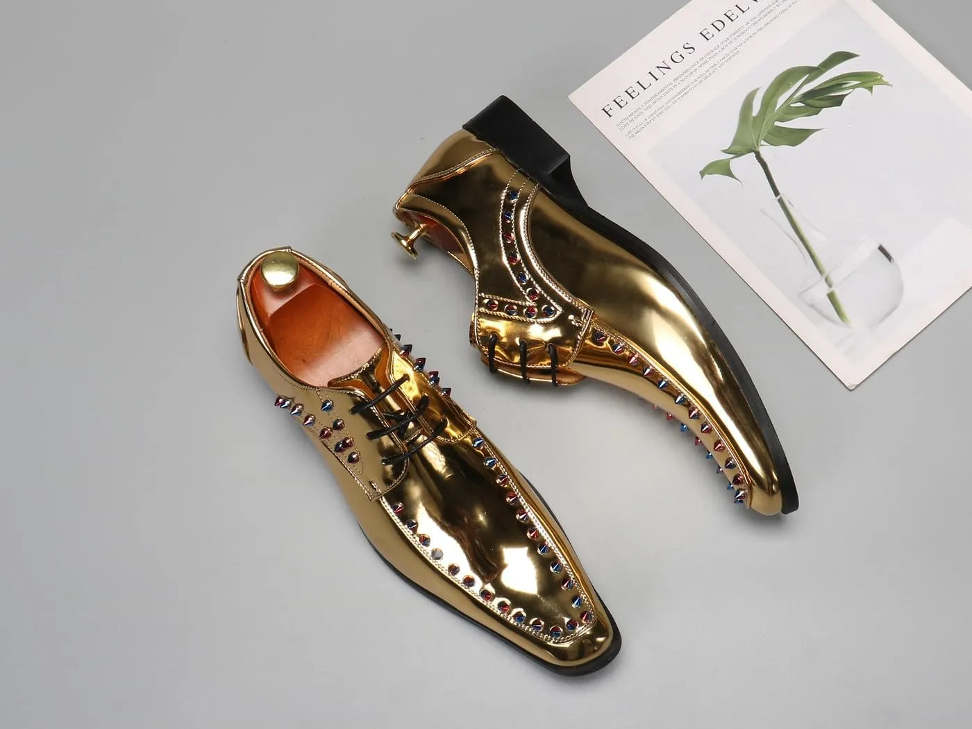 Santimon Men's Gold Patent Leather Oxfords Metallic Spikes Studded Dress Shoes for Wedding