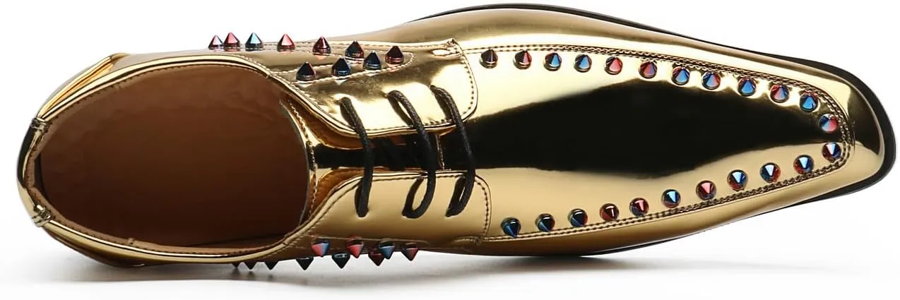 Santimon Men's Gold Patent Leather Oxfords Metallic Spikes Studded Dress Shoes for Wedding