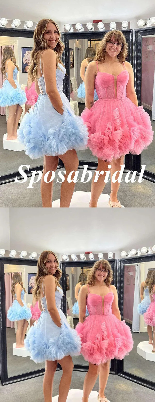 Shiny Blue Tulle Spaghetti Straps Sleeveless A-Line Mini Dresses/ Homecoming Dresses With Flitter, PD3628