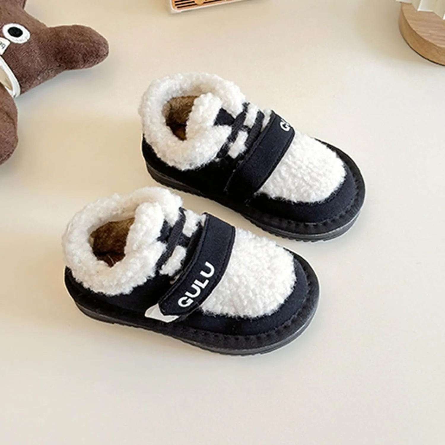 Snow Sneakers for Boys Girls, Suede Platform Warm Fr Lined Fashion Slip-on Comfortable Winter Flat Ankle Shoes