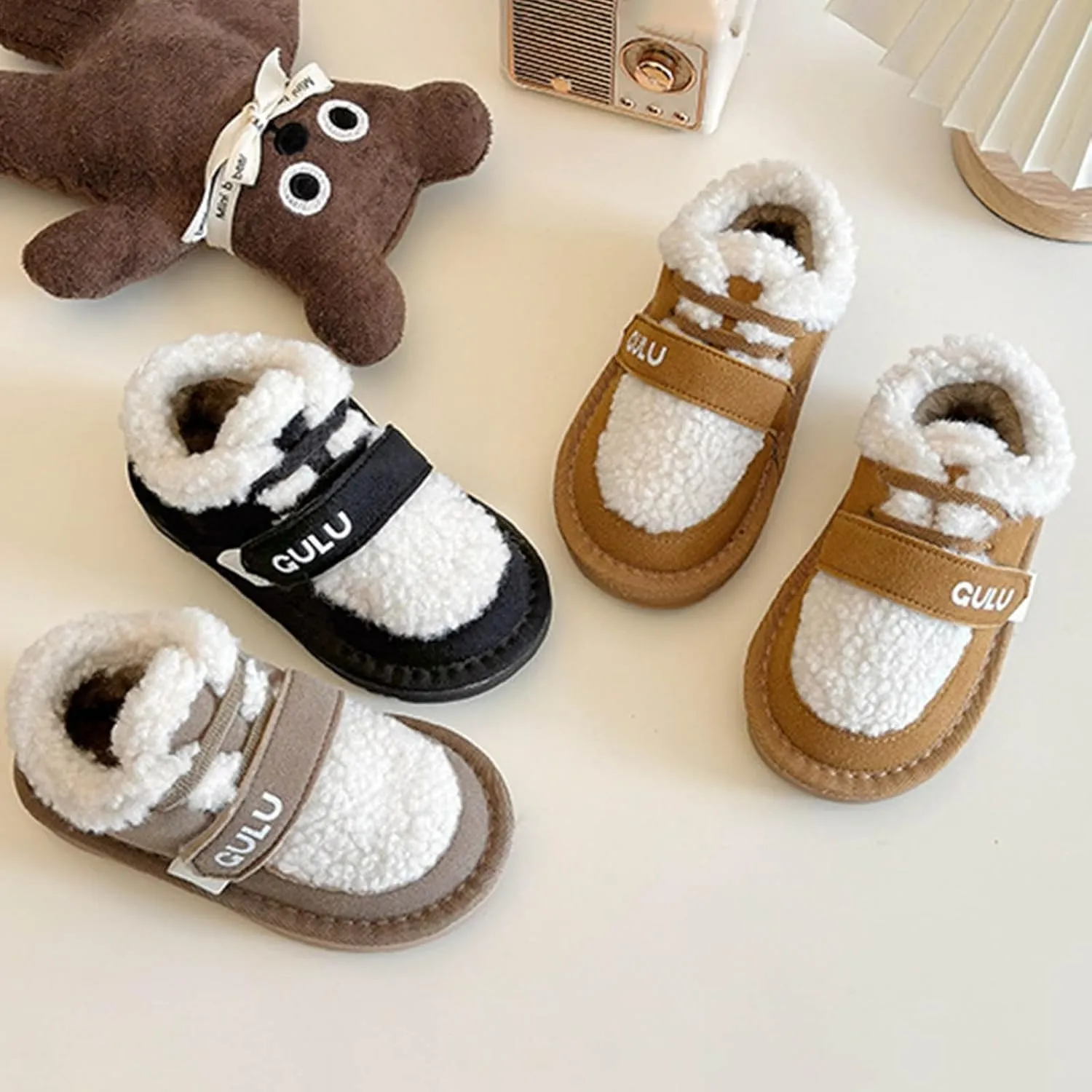 Snow Sneakers for Boys Girls, Suede Platform Warm Fr Lined Fashion Slip-on Comfortable Winter Flat Ankle Shoes