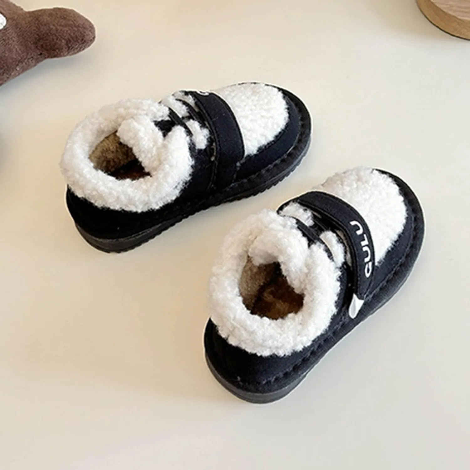 Snow Sneakers for Boys Girls, Suede Platform Warm Fr Lined Fashion Slip-on Comfortable Winter Flat Ankle Shoes