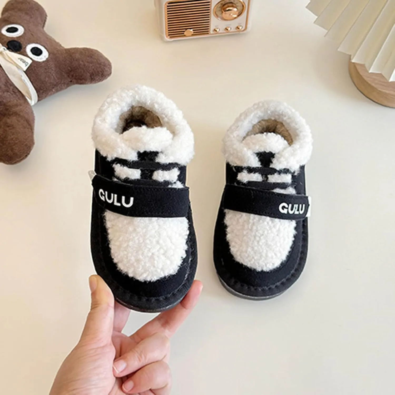 Snow Sneakers for Boys Girls, Suede Platform Warm Fr Lined Fashion Slip-on Comfortable Winter Flat Ankle Shoes