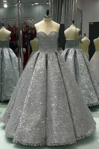 Sweetheart Gray Sleeveless Long Ball Gown Shiny Sequin Prom Dresses PFP0405