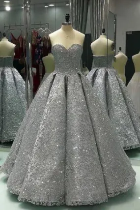 Sweetheart Gray Sleeveless Long Ball Gown Shiny Sequin Prom Dresses PFP0405