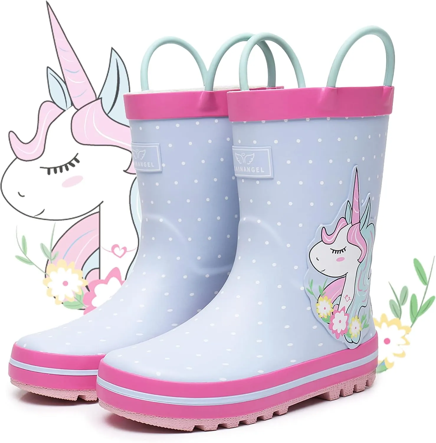 Toddler Rain Boots with Easy-On Handles, Waterproof Rubber Kids Rain Boots for Girls and Boys, in Fun Printed & Colors Unisex-Child Outdoor Rain Boots