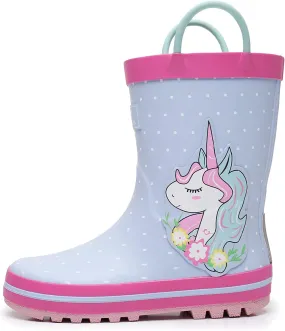 Toddler Rain Boots with Easy-On Handles, Waterproof Rubber Kids Rain Boots for Girls and Boys, in Fun Printed & Colors Unisex-Child Outdoor Rain Boots Toddler Rain Boots with Easy-On Handles, Waterproof Rubber Kids Rain Boots for Girls and Boys, in Fun Printed & Colors Unisex-Child Outdoor Rain Boots