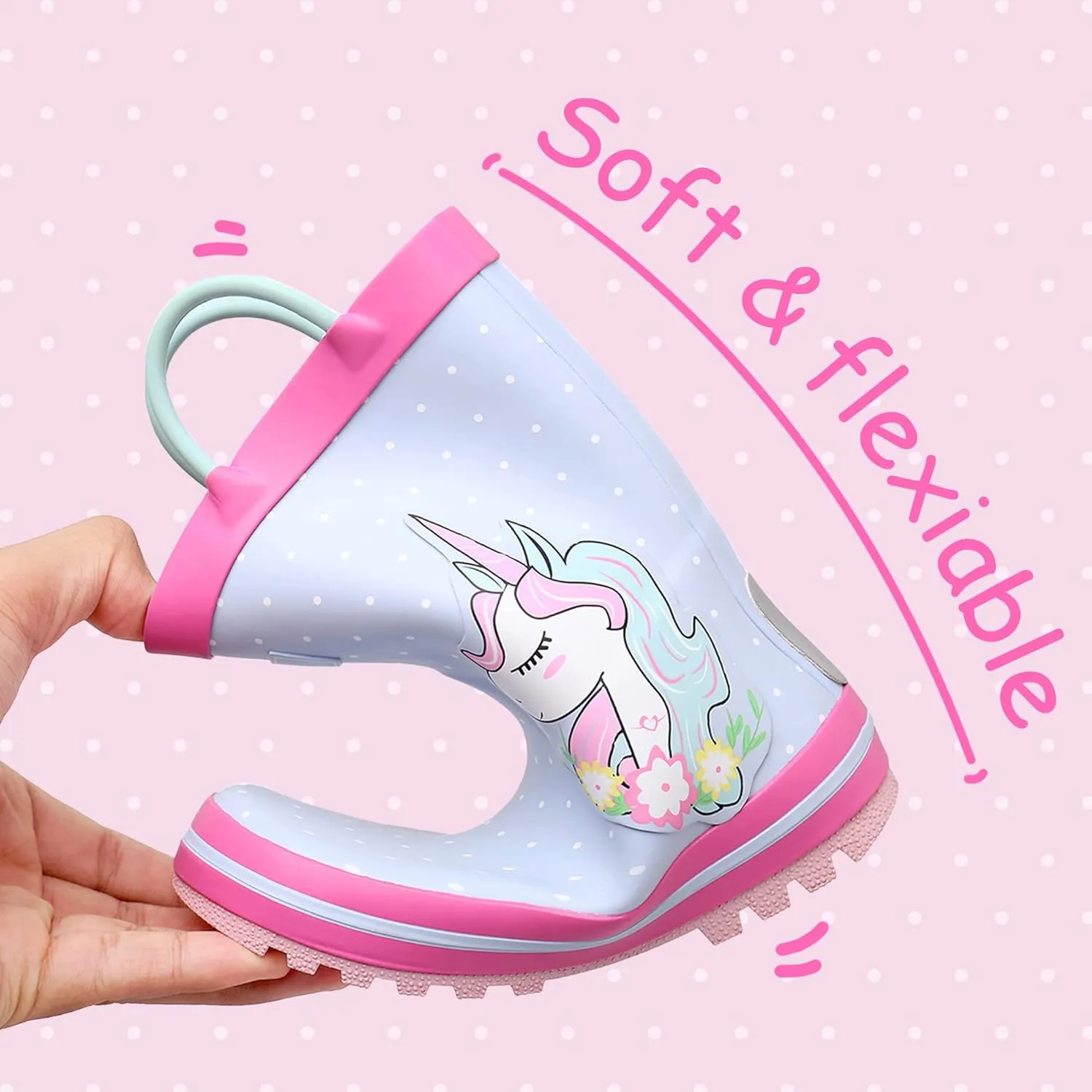 Toddler Rain Boots with Easy-On Handles, Waterproof Rubber Kids Rain Boots for Girls and Boys, in Fun Printed & Colors Unisex-Child Outdoor Rain Boots